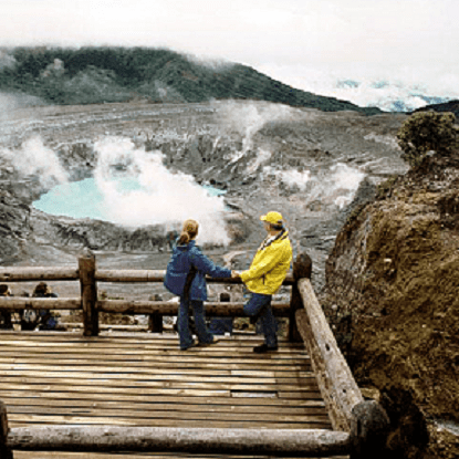People standing on the Poas Volcano platform